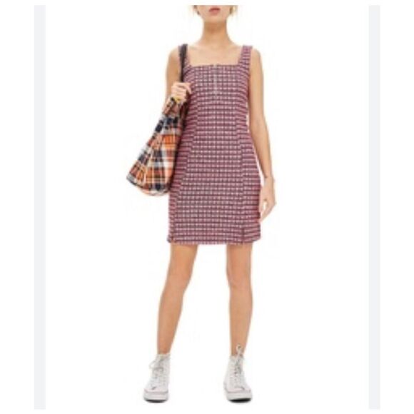 Topshop Mini Checked Pink Pinafore Dress W/Squared Neckline Front Slit Hem Darli - Picture 2 of 10
